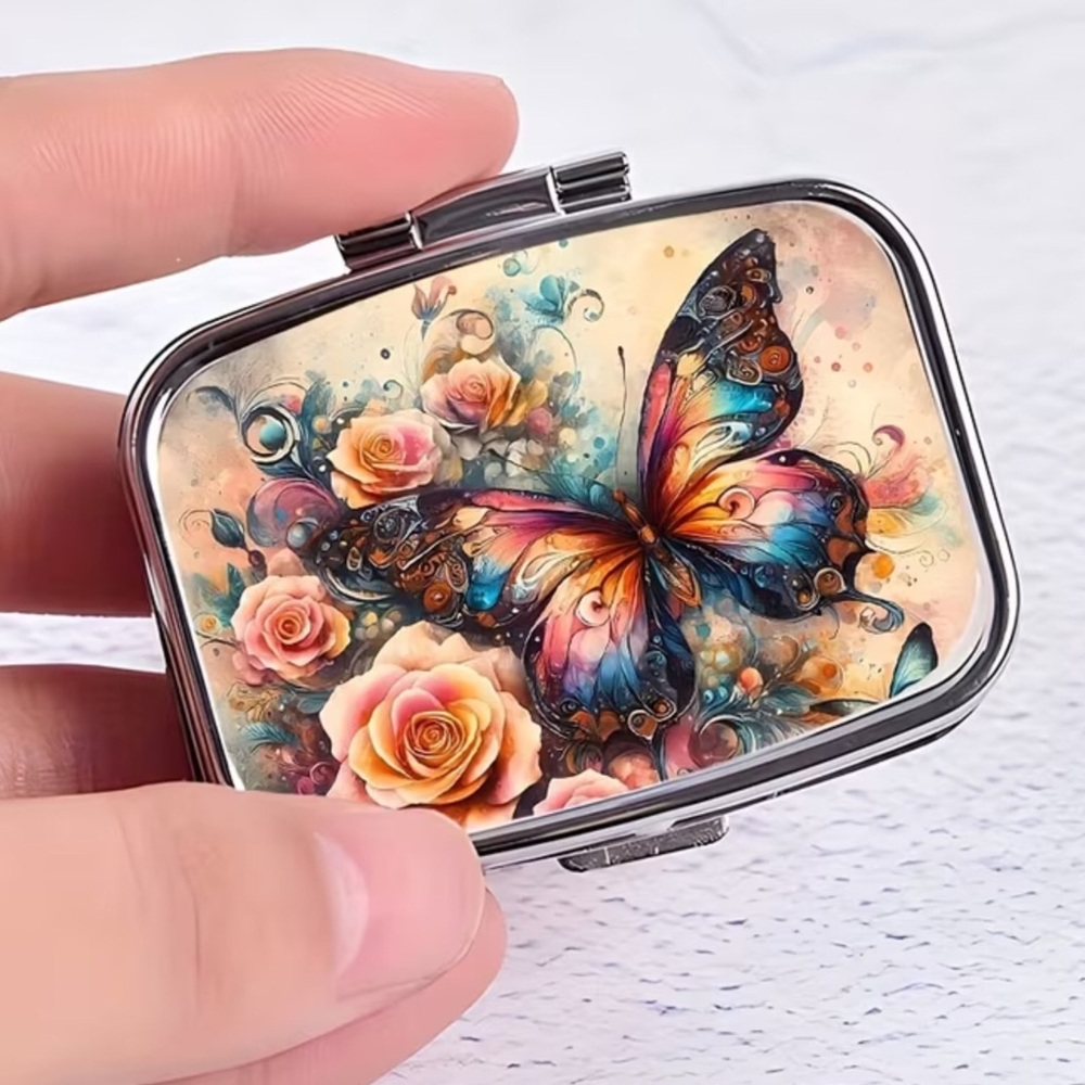 Whimsical Butterfly Peach Roses Multi-Use Mirrored Pill Box Container - Picture 3 of 6